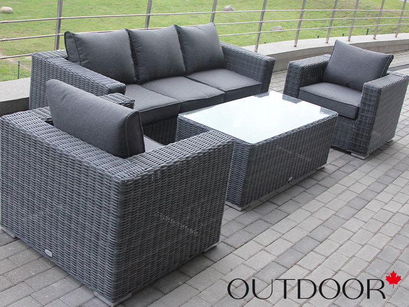 Комплект мебели из ротанга OUTDOOR Флорида (3-местный диван, 2 кресла, стол), узкое плетение, графит