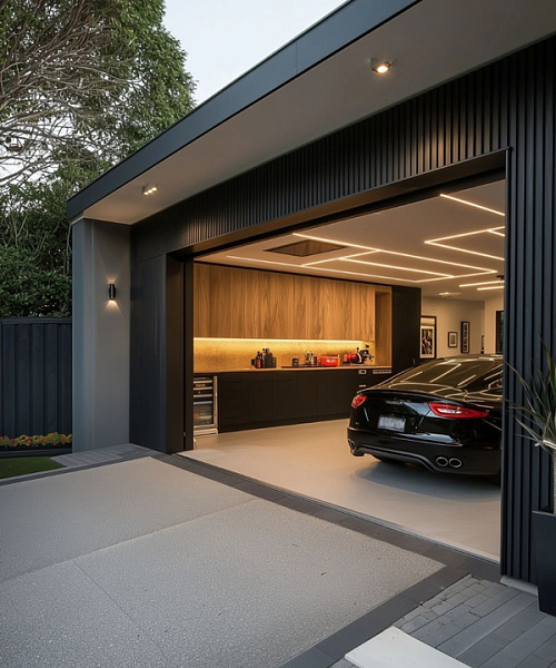 3D-панели, обрамляющие въезд в гараж, создают четкую архитектурную рамку и усиливают ощущение монолитности здания. Черный цвет и рельефная фактура панелей подчеркивают премиальность решения и выгодно контрастируют с теплой внутренней отделкой.