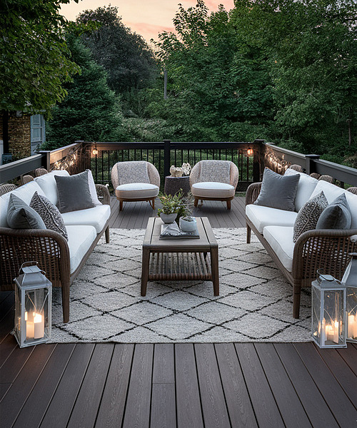 Темная композитная терраса, обустроенная мягкой плетеной мебелью, журнальным столиком и многослойными коврами, превращает задний двор в роскошное и расслабляющее пространство.